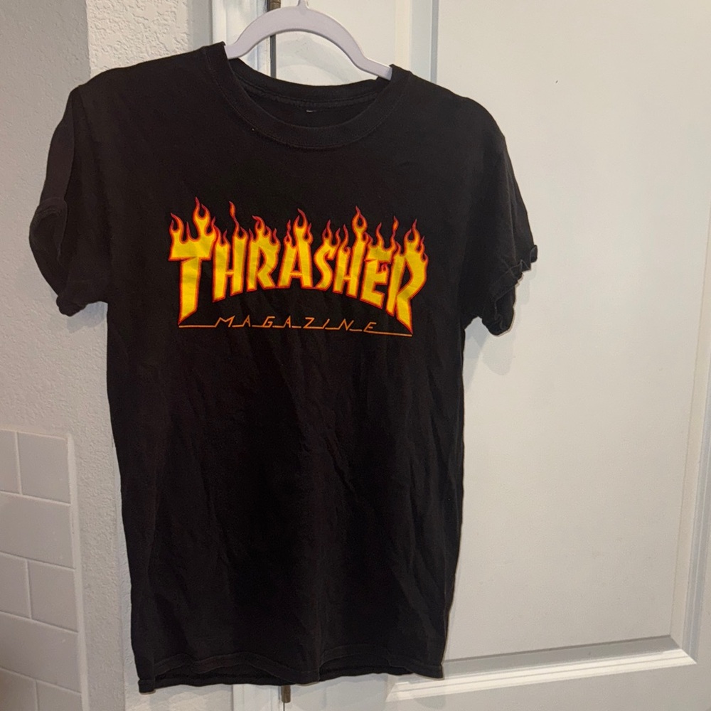 Thrasher Unisex Black Tee with Fiery Logo